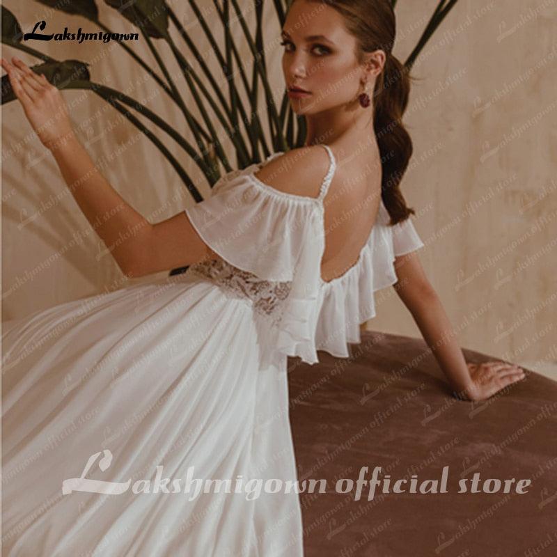 Vestido de novia bohemio con tirantes finos de NumberSea, corte A, de gasa, 2021, escote en V, manga corta, estilo sukienki, damskie, lakshmigown