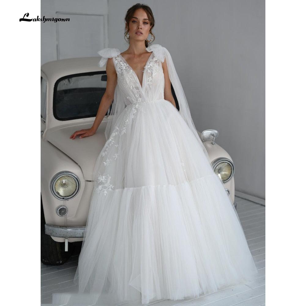 NumberSea vestido de novia de encaje de tul sin espalda con cuello en V vestidos de novia con lazo elegante en forma de V espalda bata de soirée de mariage Lakshmigown
