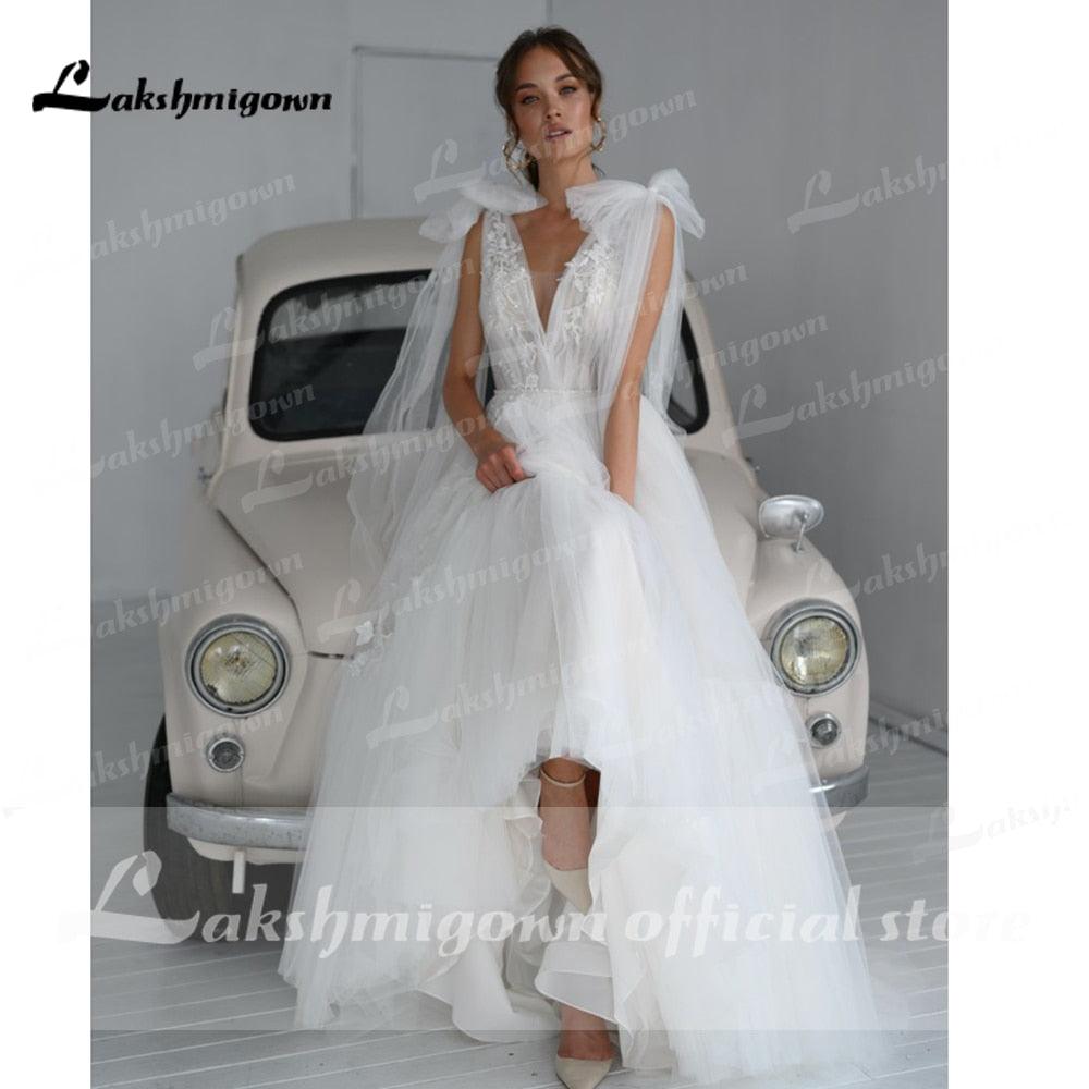 NumberSea vestido de novia de encaje de tul sin espalda con cuello en V vestidos de novia con lazo elegante en forma de V espalda bata de soirée de mariage Lakshmigown