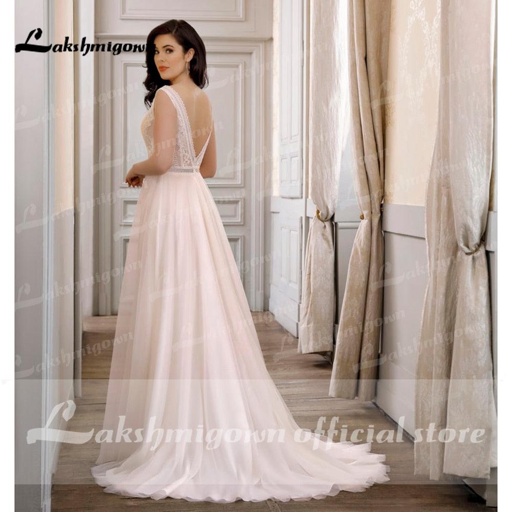 NumberSea Vestidos De Noiva Cuello En V Encaje Sin Espalda Boho A Línea Rosa Ruborizado Vestido De Novia Nupcial Forma De V Espalda Elegante Vestido Para Boda Playa