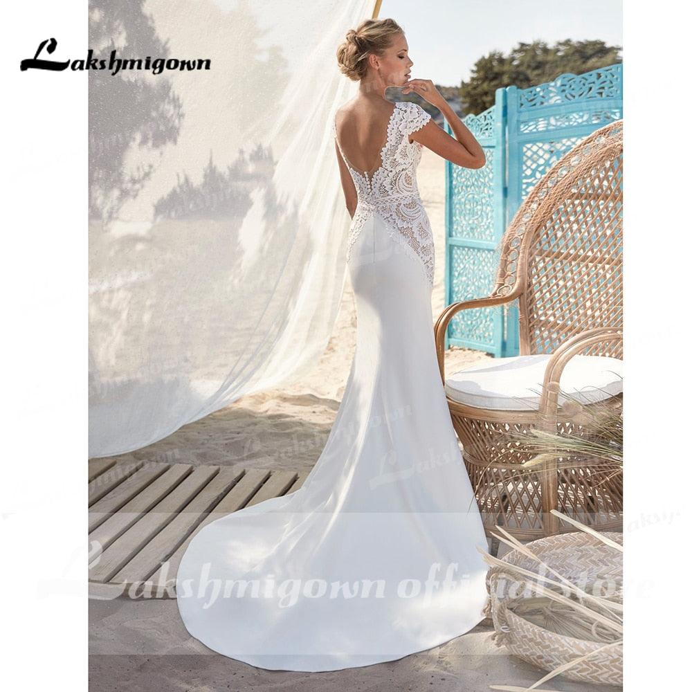 NumberSea trouwjurk robe mariée sirene Vestidos de novia de manga casquillo con cuello en V de sirena sexy Tren de barrido alto dividido robe de soirée de mariage