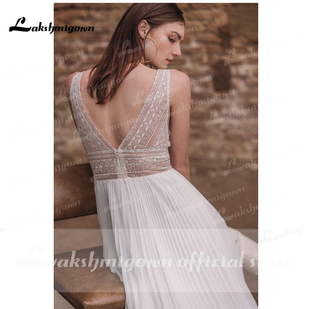 NumberSea vestido de novia sin espalda Cuello en V profundo Sexy Lace High Split Sleeveles Open Back Vestidos de novia vestido de fiesta de boda 2021