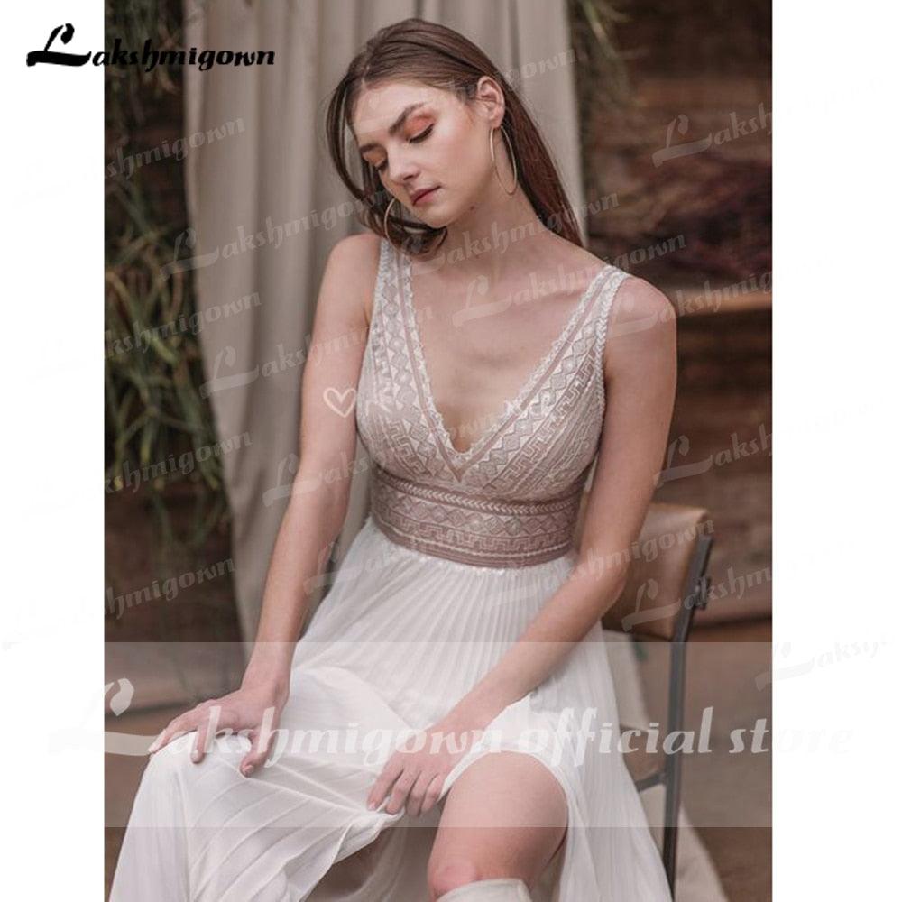 NumberSea vestido de novia sin espalda Cuello en V profundo Sexy Lace High Split Sleeveles Open Back Vestidos de novia vestido de fiesta de boda 2021
