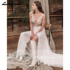 NumberSea vestido de novia sin espalda Cuello en V profundo Sexy Lace High Split Sleeveles Open Back Vestidos de novia vestido de fiesta de boda 2021