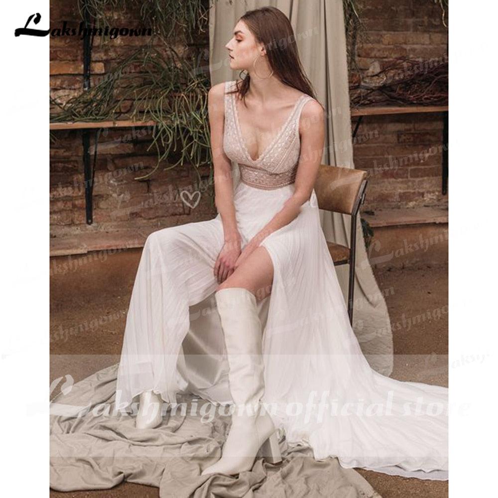 NumberSea vestido de novia sin espalda Cuello en V profundo Sexy Lace High Split Sleeveles Open Back Vestidos de novia vestido de fiesta de boda 2021