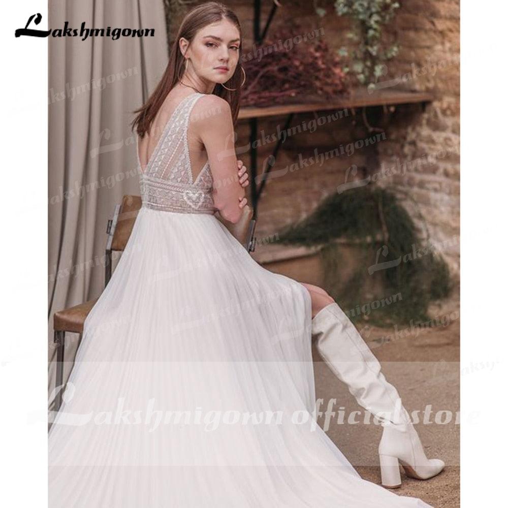 NumberSea vestido de novia sin espalda Cuello en V profundo Sexy Lace High Split Sleeveles Open Back Vestidos de novia vestido de fiesta de boda 2021