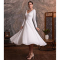 Vestido de novia corto NumberSea 2021, largo hasta la rodilla, sencillo, de manga larga, con cuello en V, con botones y espalda descubierta