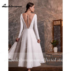 Vestido de novia corto NumberSea 2021, largo hasta la rodilla, sencillo, de manga larga, con cuello en V, con botones y espalda descubierta