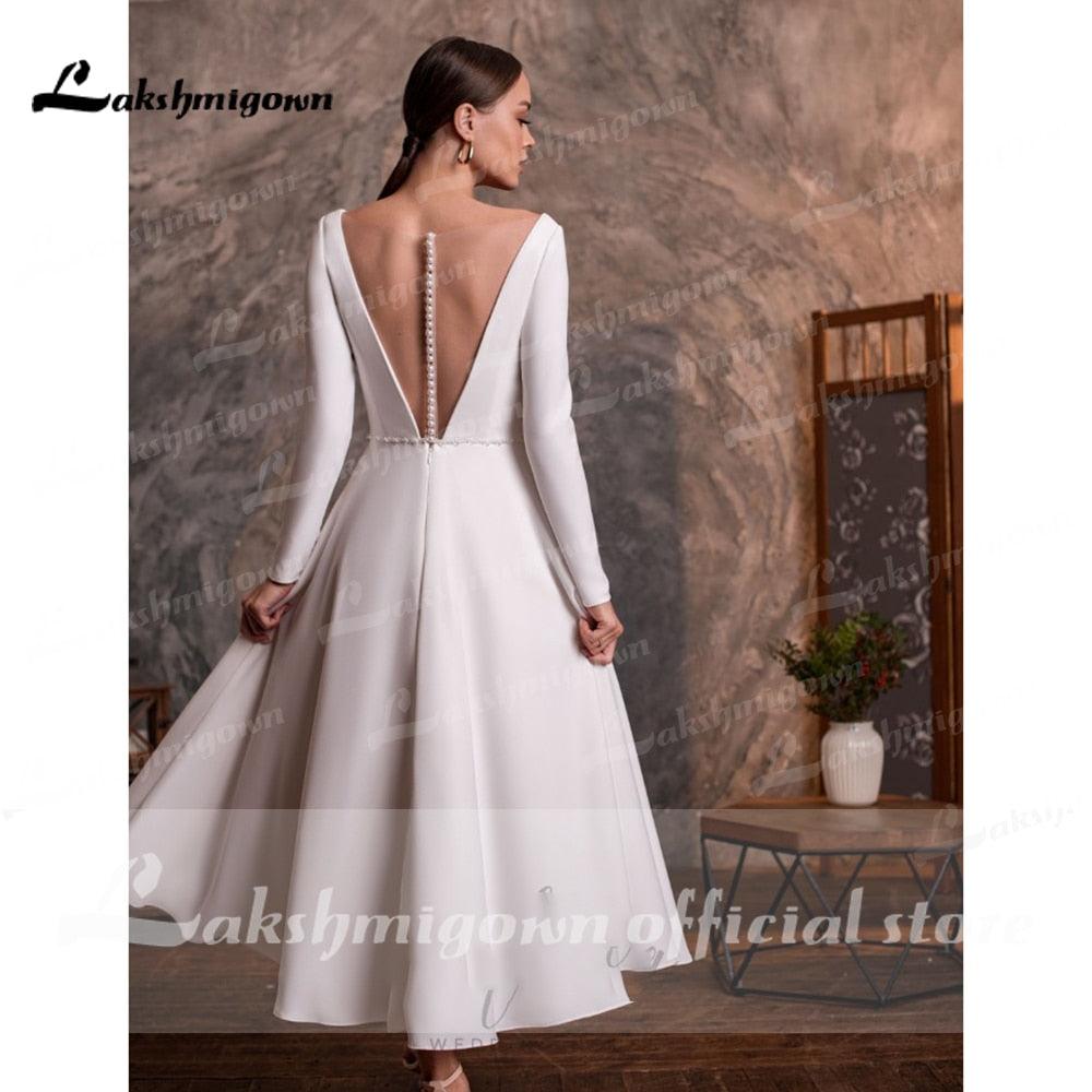 Vestido de novia corto NumberSea 2021, largo hasta la rodilla, sencillo, de manga larga, con cuello en V, con botones y espalda descubierta