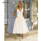NumberSea Vestido de novia corto sencillo de satén con escote en V, largo hasta la rodilla, sin espalda y con bolsillo, para playa