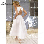 NumberSea Vestido de novia corto sencillo de satén con escote en V, largo hasta la rodilla, sin espalda y con bolsillo, para playa
