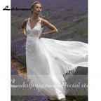 Vestidos de novia elegantes NumberSea con escote en V, encaje, sin mangas, espalda abierta para mujer 2021, vestido de fiesta de boda Lakshmigown con cola de barrido para playa