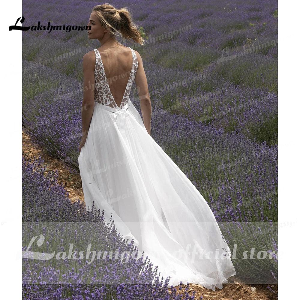 Vestidos de novia elegantes NumberSea con escote en V, encaje, sin mangas, espalda abierta para mujer 2021, vestido de fiesta de boda Lakshmigown con cola de barrido para playa