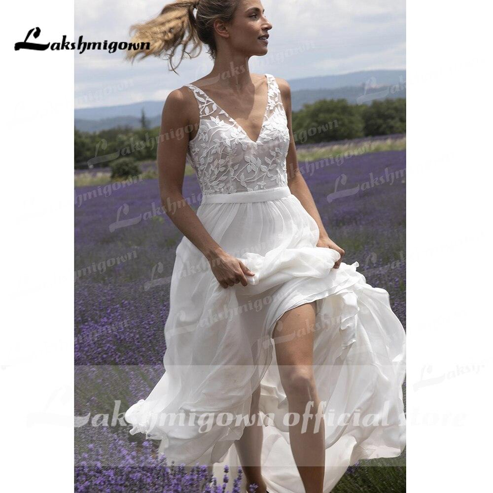 Vestidos de novia elegantes NumberSea con escote en V, encaje, sin mangas, espalda abierta para mujer 2021, vestido de fiesta de boda Lakshmigown con cola de barrido para playa