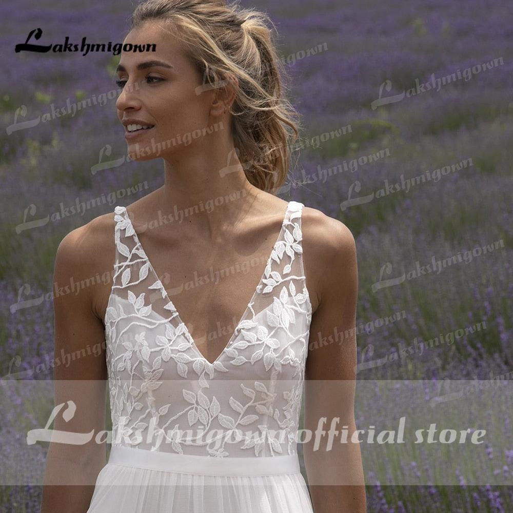 Vestidos de novia elegantes NumberSea con escote en V, encaje, sin mangas, espalda abierta para mujer 2021, vestido de fiesta de boda Lakshmigown con cola de barrido para playa
