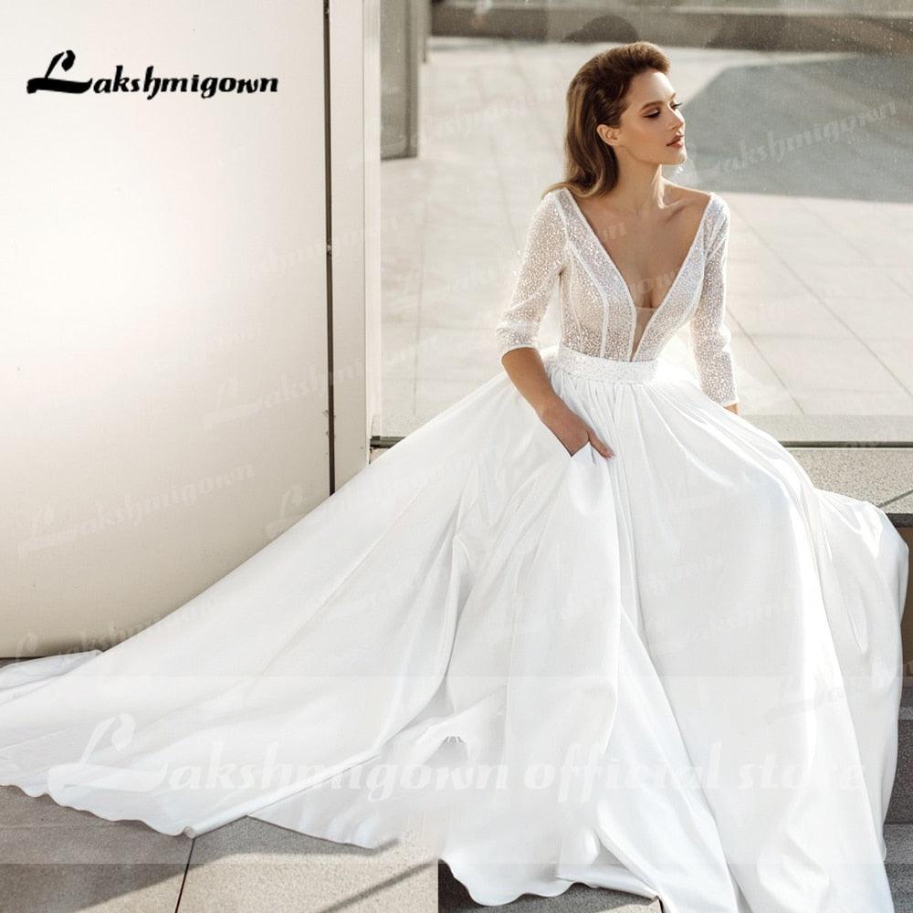 NumberSea sukienka na wesele Vestidos de novia de satén con cuello en V profundo y manga tres cuartos Elegante vestido de novia princesa lujoso Lakshmigown