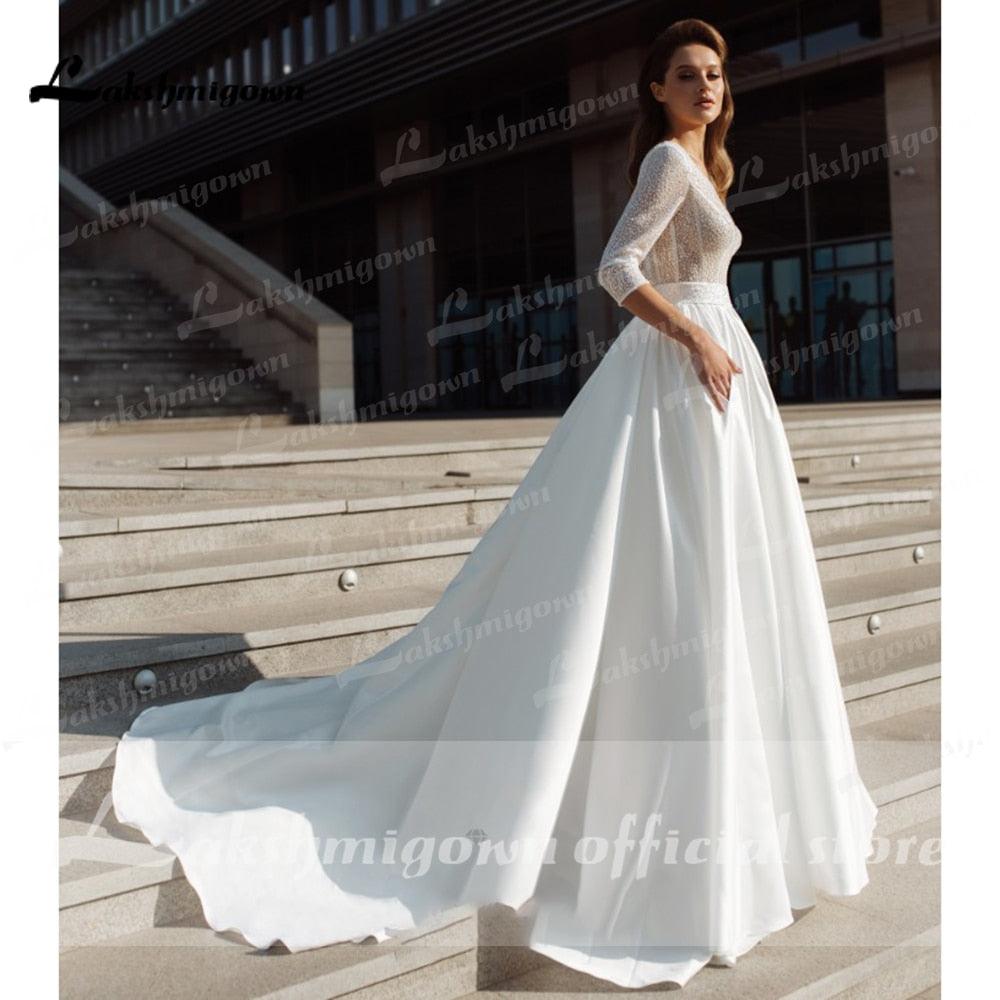 NumberSea sukienka na wesele Vestidos de novia de satén con cuello en V profundo y manga tres cuartos Elegante vestido de novia princesa lujoso Lakshmigown