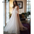 Vestidos de novia NumberSea 2021, elegantes vestidos de novia de playa de manga larga con encaje de tul y espalda descubierta con cinturón, línea A, vestido de casamento sencillo