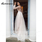 Vestidos de novia NumberSea 2021, elegantes vestidos de novia de playa de manga larga con encaje de tul y espalda descubierta con cinturón, línea A, vestido de casamento sencillo