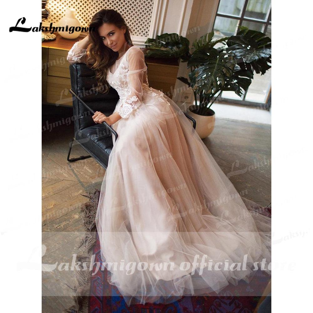Vestidos de novia NumberSea 2021, elegantes vestidos de novia de playa de manga larga con encaje de tul y espalda descubierta con cinturón, línea A, vestido de casamento sencillo