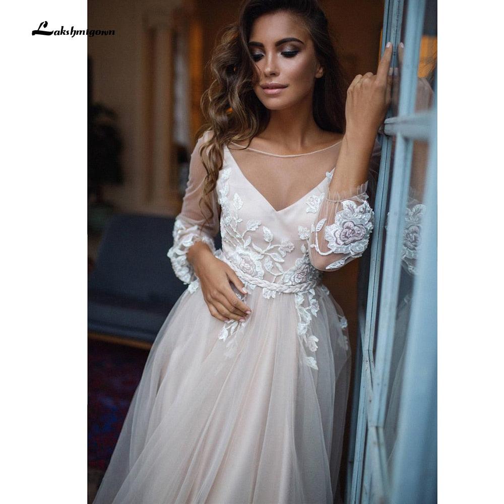 Vestidos de novia NumberSea 2021, elegantes vestidos de novia de playa de manga larga con encaje de tul y espalda descubierta con cinturón, línea A, vestido de casamento sencillo