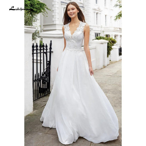 NumberSea vistidos de festa de casamento V Neck Sleeveless Lace Chiffon Wedding Dresses With Back Buttons vestido para boda playa