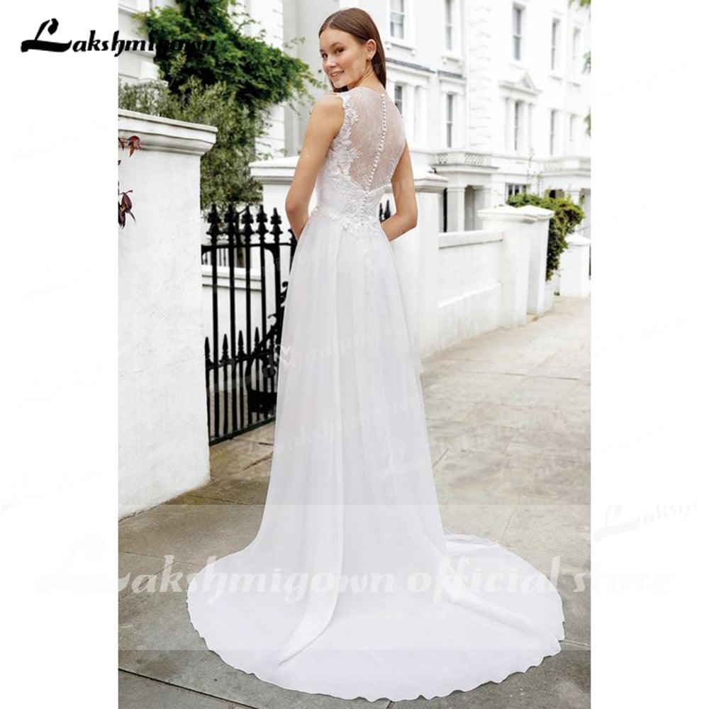NumberSea vestidos de fiesta de casamento con cuello en V sin mangas de encaje vestidos de novia de gasa con botones traseros vestido para boda playa