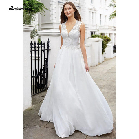 NumberSea vistidos de festa de casamento V Neck Sleeveless Lace Chiffon Wedding Dresses With Back Buttons vestido para boda playa