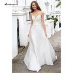Vestido de novia NumberSea sencillo con tirantes finos, hombros descubiertos, satén plisado, botones en la espalda, escote en V, espalda descubierta, vestido de novia playero