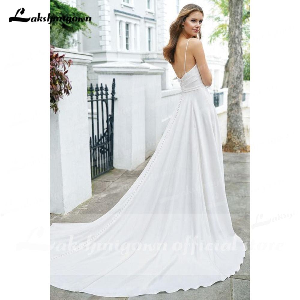 Vestido de novia NumberSea sencillo con tirantes finos, hombros descubiertos, satén plisado, botones en la espalda, escote en V, espalda descubierta, vestido de novia playero