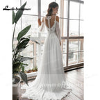 NumberSea Vestidos de novia de manga larga con hombros descubiertos, tirantes finos, cuello en V profundo, encaje, gasa, estilo bohemio, vestido de novia para niña