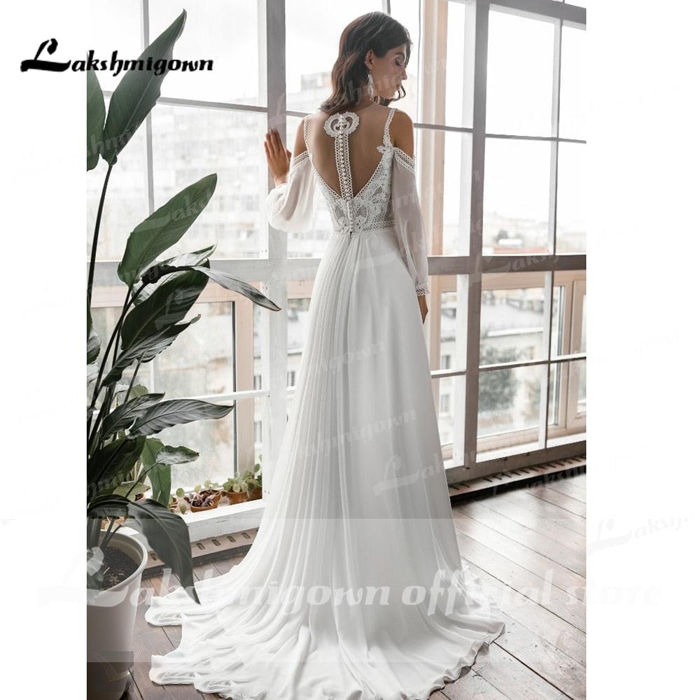 NumberSea Vestidos de novia de manga larga con hombros descubiertos, tirantes finos, cuello en V profundo, encaje, gasa, estilo bohemio, vestido de novia para niña