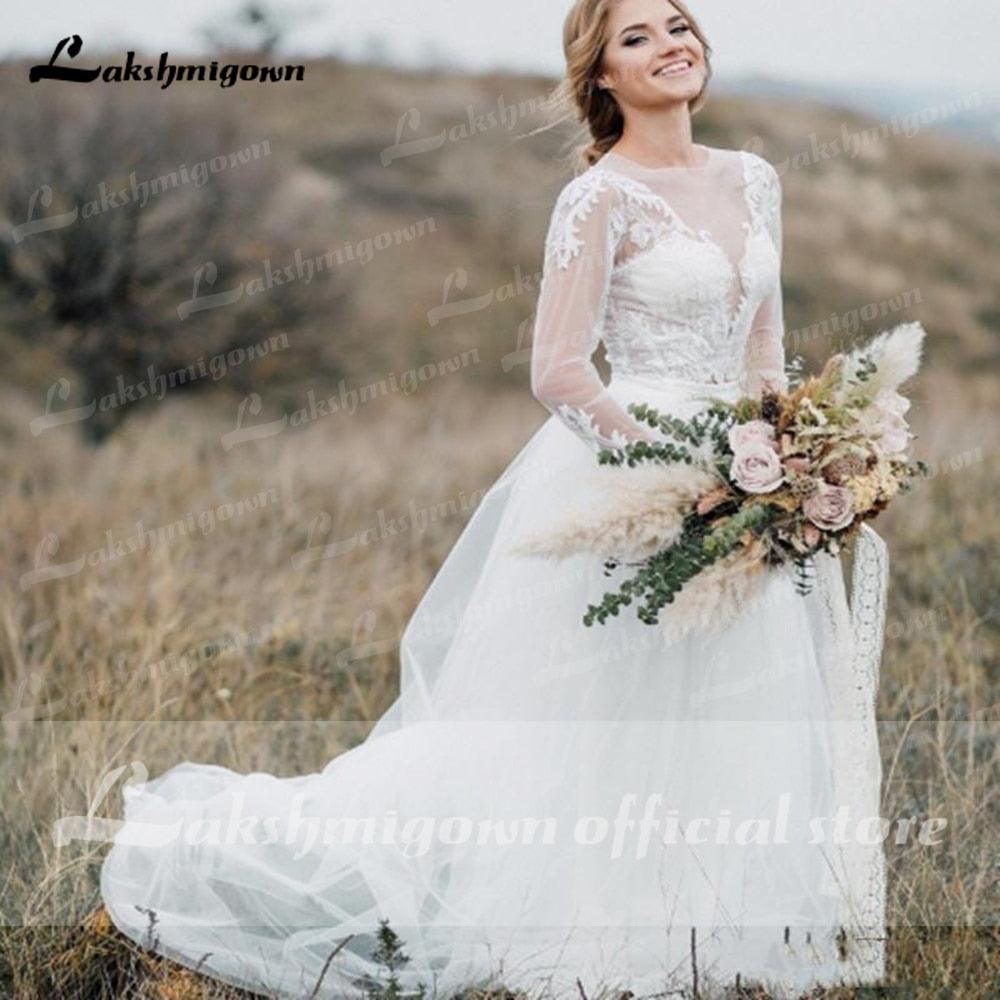 NumberSea Trouwjurk Dos piezas de encaje de tul de manga larga Vestidos de novia bohemios Vestido de novia de playa bohemia sukienka na wesele 2021 Lakshmigown