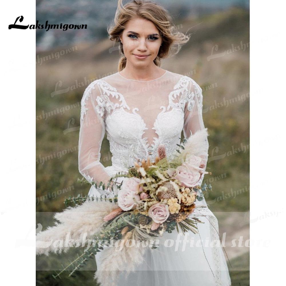 NumberSea Trouwjurk Dos piezas de encaje de tul de manga larga Vestidos de novia bohemios Vestido de novia de playa bohemia sukienka na wesele 2021 Lakshmigown