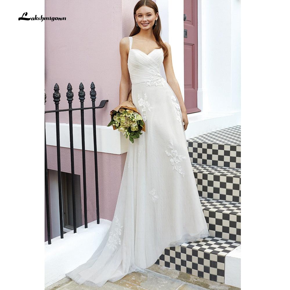 Vestido de novia NumberSea 2021 con pliegues, encaje, tirantes finos, hombros descubiertos, estilo bohemio, sin espalda, elegante, para novias largas