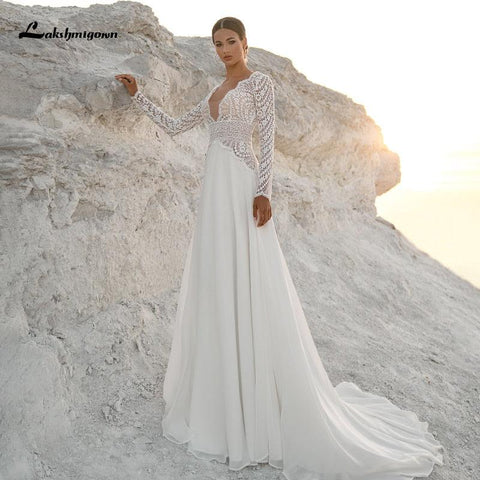 NumberSea Vintage Lace Long Sleeves Boho Wedding Dresses 2021 V Neck Bohemian Chiffon Bridal Dress Hochzeit Longue Robe 2021