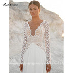 NumberSea Vintage Lace Long Sleeves Boho Wedding Dresses V Neck Bohemian Chiffon Bridal Dress Hochzeit Longue Robe 2021