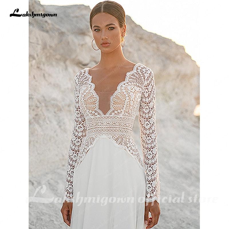 NumberSea - Vestidos de novia bohemios de manga larga con encaje vintage y cuello en V, de gasa, para boda, 2021
