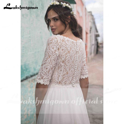 Vestido de novia de encaje sencillo de media manga de NumberSea, color marfil, estilo bohemio, para playa, con espalda descubierta y encaje