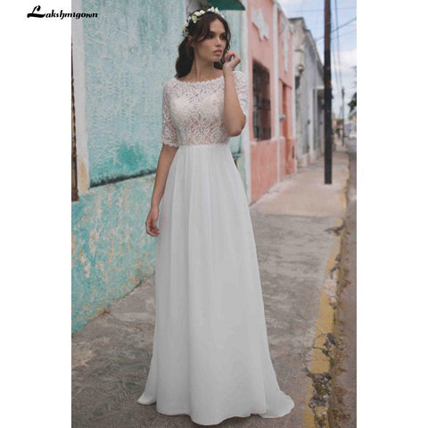 Vestido de novia de encaje sencillo de media manga de NumberSea, color marfil, estilo bohemio, para playa, con espalda descubierta y encaje
