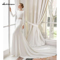 Vestido de novia de gasa con encaje blanco NumberSea, estilo bohemio, escote redondo, cola de corte, manga larga, corte A, talla grande, hecho a medida