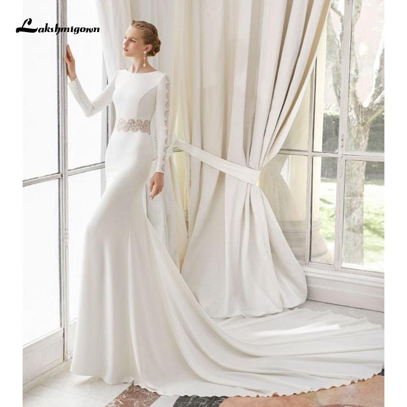 Vestido de novia de gasa con encaje blanco NumberSea, estilo bohemio, escote redondo, cola de corte, manga larga, corte A, talla grande, hecho a medida