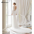 Vestido de novia de gasa con encaje blanco NumberSea, estilo bohemio, escote redondo, cola de corte, manga larga, corte A, talla grande, hecho a medida