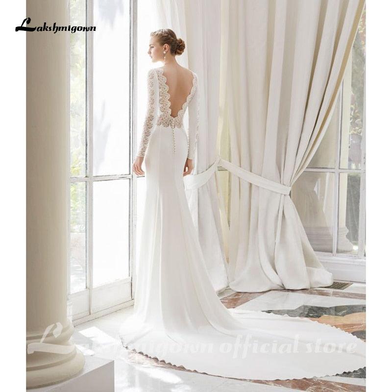 Vestido de novia de gasa con encaje blanco NumberSea, estilo bohemio, escote redondo, cola de corte, manga larga, corte A, talla grande, hecho a medida