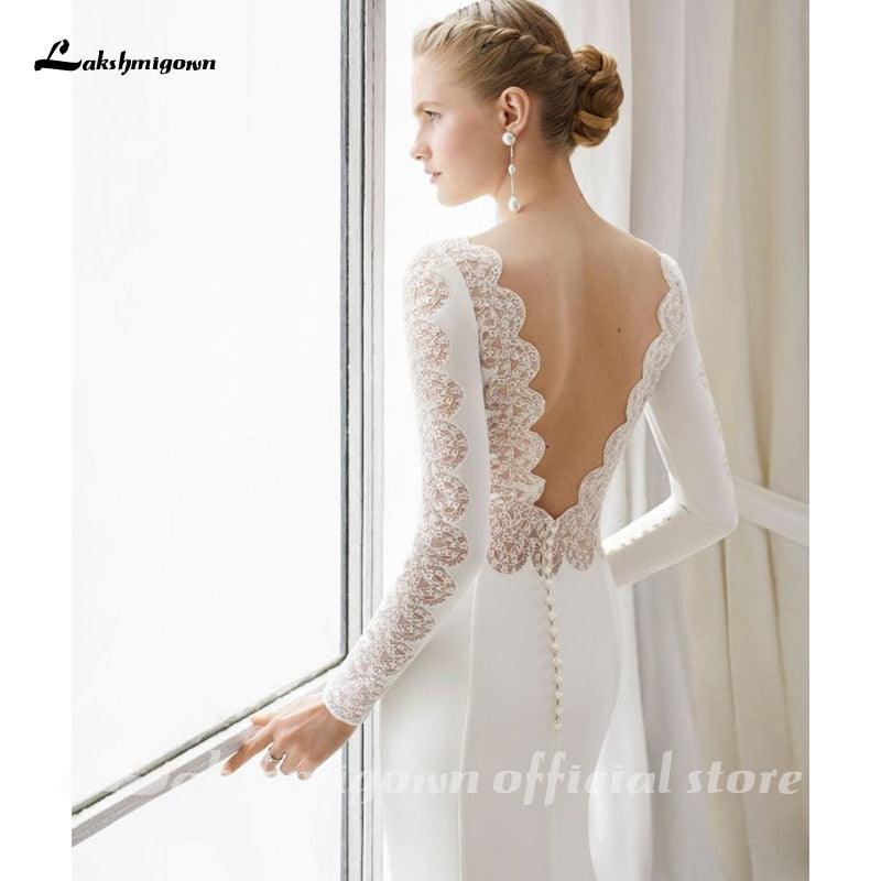 Vestido de novia de gasa con encaje blanco NumberSea, estilo bohemio, escote redondo, cola de corte, manga larga, corte A, talla grande, hecho a medida