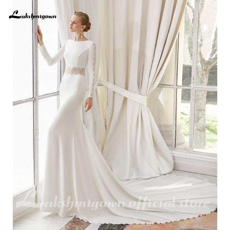 Vestido de novia de gasa con encaje blanco NumberSea, estilo bohemio, escote redondo, cola de corte, manga larga, corte A, talla grande, hecho a medida