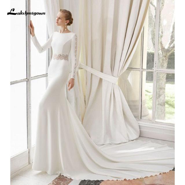 Vestido de novia de gasa con encaje blanco NumberSea, estilo bohemio, escote redondo, cola de corte, manga larga, corte A, talla grande, hecho a medida
