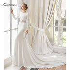 Vestido de novia de gasa con encaje blanco NumberSea, estilo bohemio, escote redondo, cola de corte, manga larga, corte A, talla grande, hecho a medida