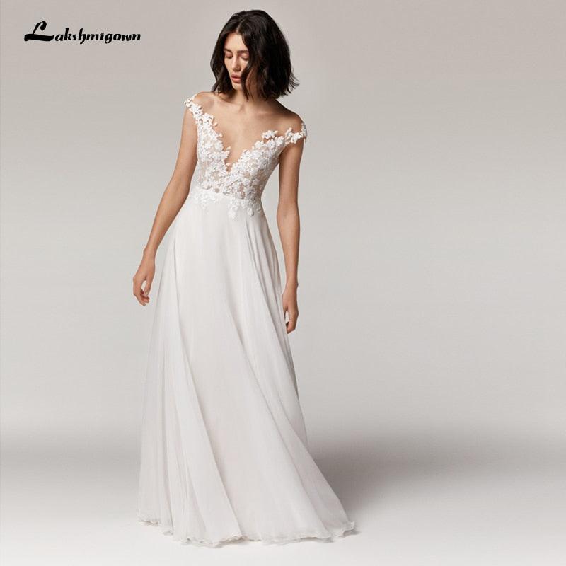 NumberSea Simple Beach Wedding Dress cap sleeves Robe Longue Femme  Sexy Bohemian Bridal Dress Backless
