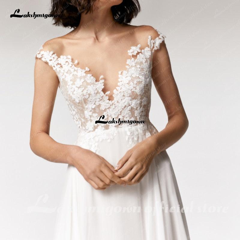 NumberSea Simple Beach Wedding Dress cap sleeves Robe Longue Femme  Sexy Bohemian Bridal Dress Backless